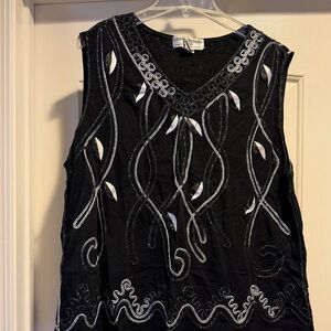 Lauren Michelle Black Sleeveless Tank with Silver Embroidery